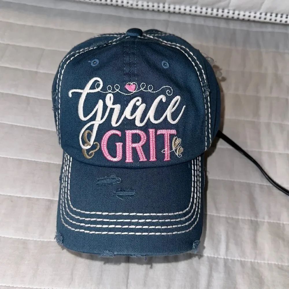 Grace & GRIT Blue Pink White Tan Cotton Distressed Sutured Seams Cap